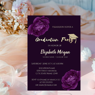 Modern Glitter Graduation Cap, Purple Roses Invitation
