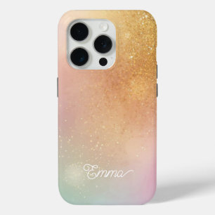 Modern Glitter Holographic Gold with Name iPhone 15 Pro Case