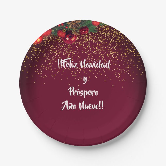 Modern Glitter Lettering Christmas Feliz Navidad Paper Plate (Front)