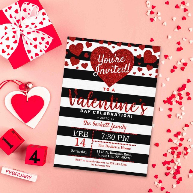 Modern Glitter Love Hearts Valentine's Day Party Invitation (Creator Uploaded)