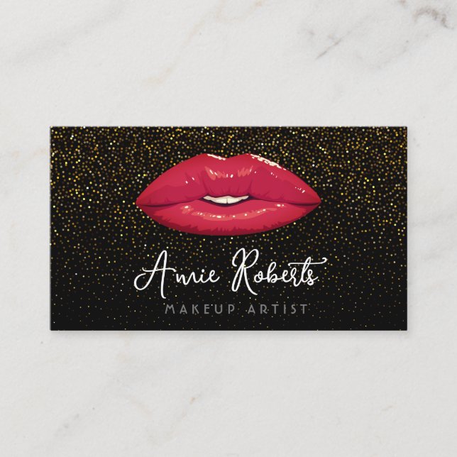 Modern Glitter Makeup Artist Red Lips Business Card (Front)