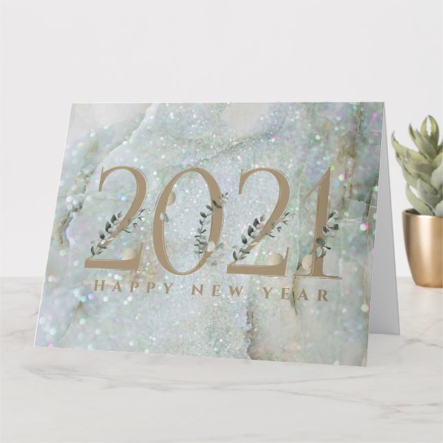 Modern Glitter Marble Happy New Year 2021 Card (Small Plant)