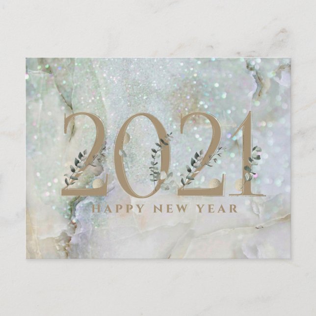 Modern Glitter Marble Happy New Year 2021 Holiday Postcard (Front)