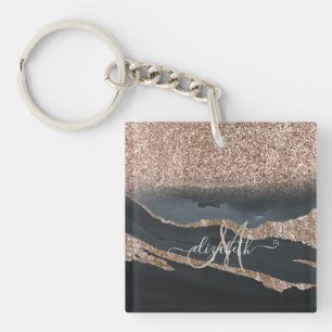 Modern Glitter Marble Monogram Key Ring