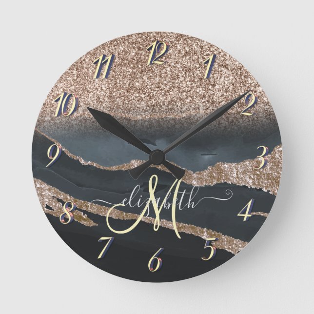 Modern Glitter Marble Monogram Round Clock (Front)