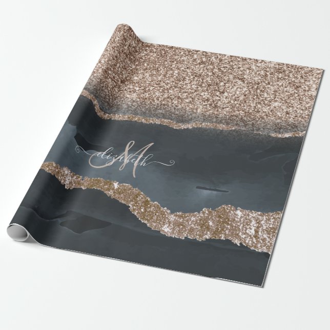 Modern Glitter Marble Monogram Wrapping Paper (Unrolled)