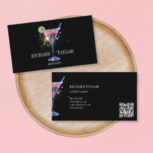 Modern Glitter Martini Bartender Cocktail Waiter Business Card
