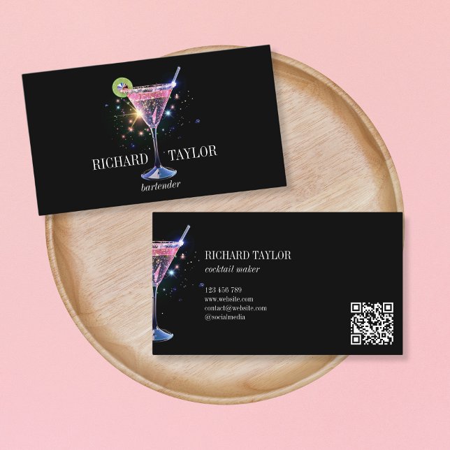 Modern Glitter Martini  Bartender Cocktail Waiter Business Card (Creator Uploaded)