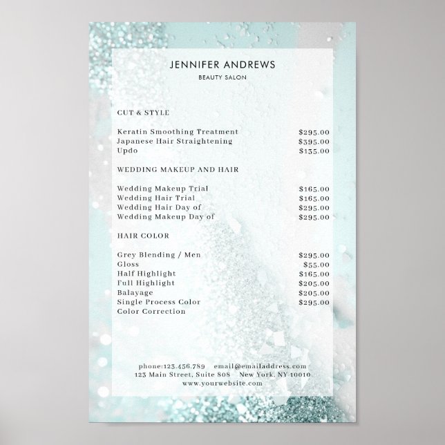 Modern Glitter Mint Salon Price List Poster (Front)