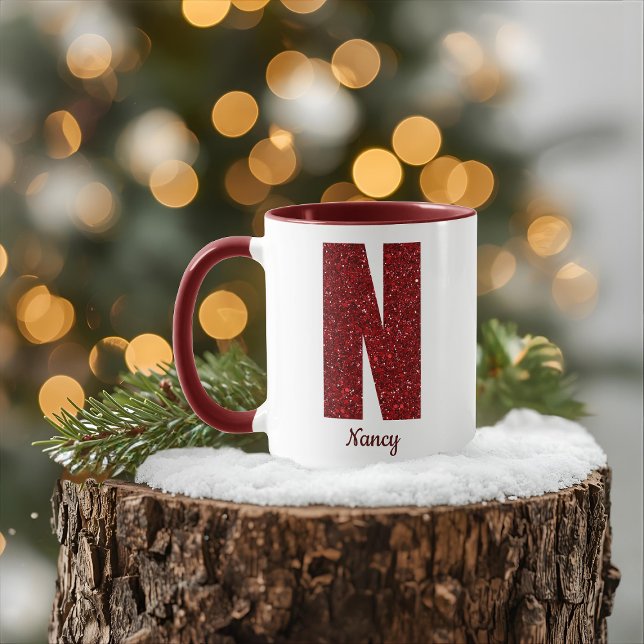 Modern Glitter Monogram N Mug with Name (Creator Uploaded)