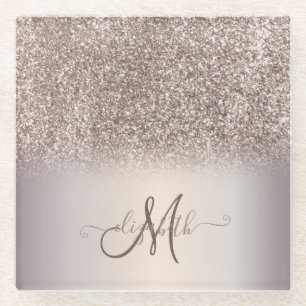 Modern Glitter Ombre Cool Monogram Glass Coaster