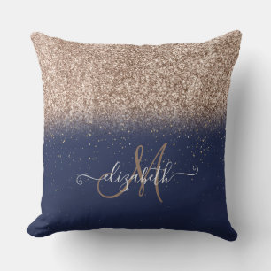 Modern Glitter Ombre  Monogram Navy Blue  Cushion
