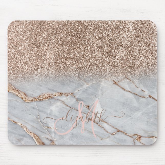 Modern Glitter Ombre Rose Gold Marble Monogram Mouse Pad (Front)