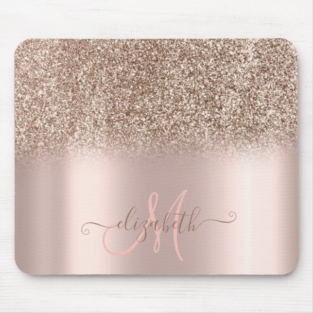 Modern Glitter Ombre Rose Gold Monogram Mouse Pad (Front)