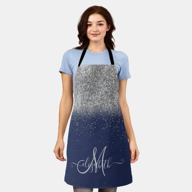 Modern Glitter Ombre Silver Monogram Navy Blue Apron (Worn)