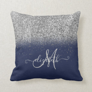 Modern Glitter Ombre Silver Monogram Navy Blue Cushion