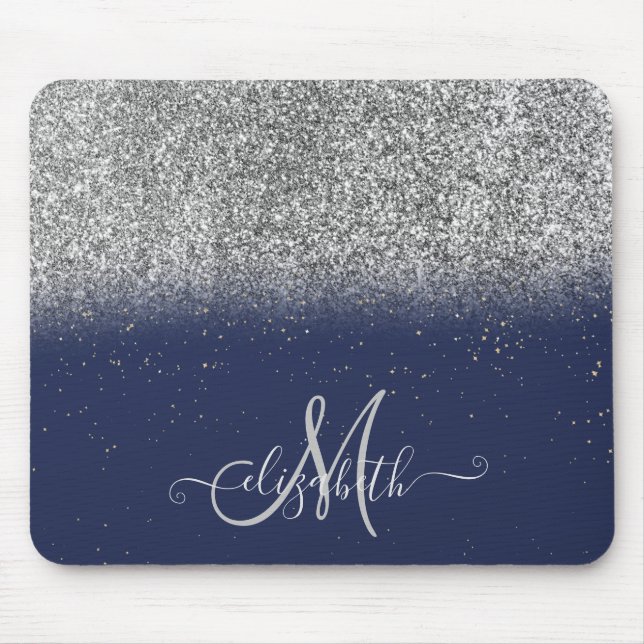 Modern Glitter Ombre Silver Monogram Navy Blue Mouse Pad (Front)