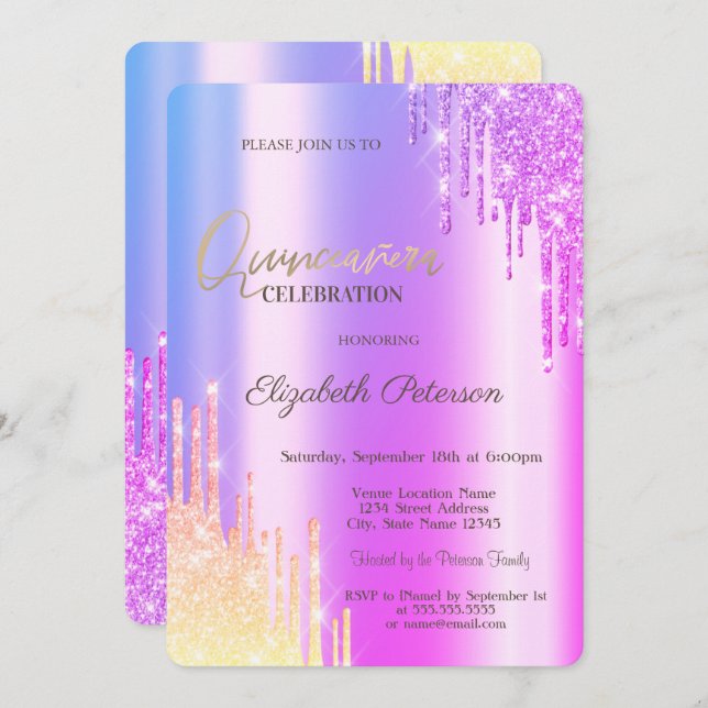 Modern Glitter Ombre Violet Drips  Invitation (Front/Back)
