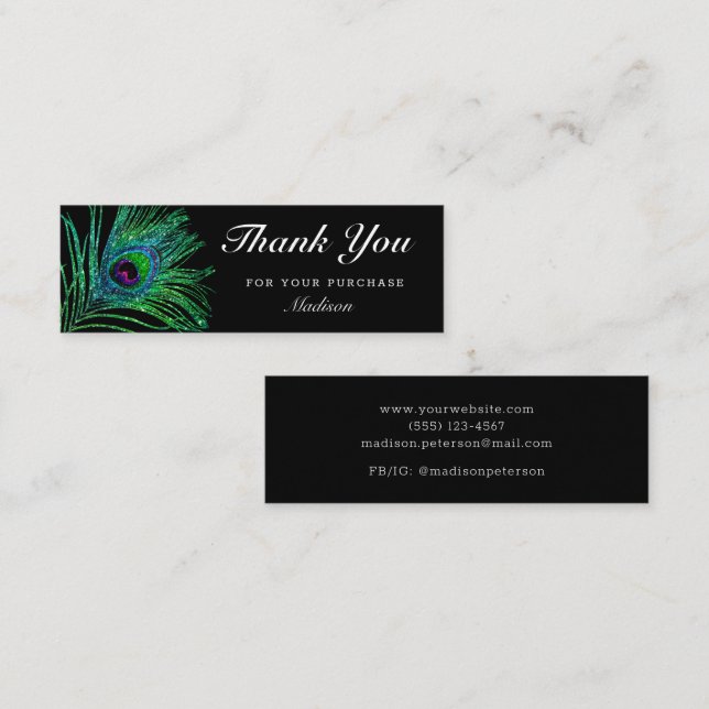 Modern Glitter Peacock Feather Boho Thank You Mini Business Card (Front/Back)