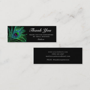 Modern Glitter Peacock Feather Boho Thank You Mini Business Card