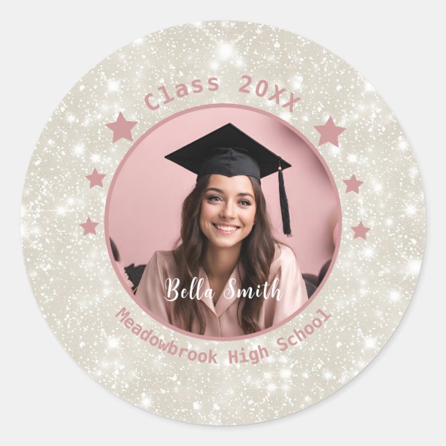 Modern Glitter Photo Graduation  Classic Round Sticker (Front)