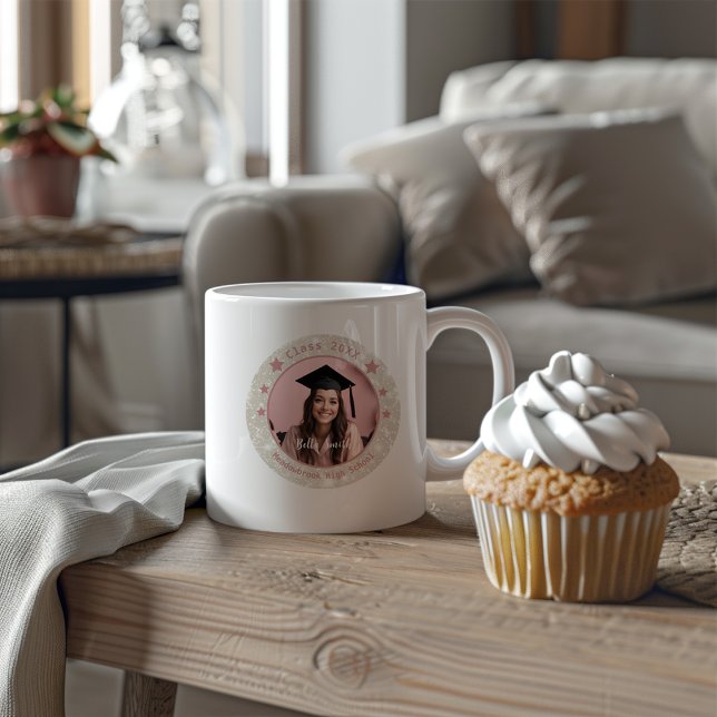 Modern Glitter Photo Pink Graduation  Large Coffee Mug (Creator Uploaded)