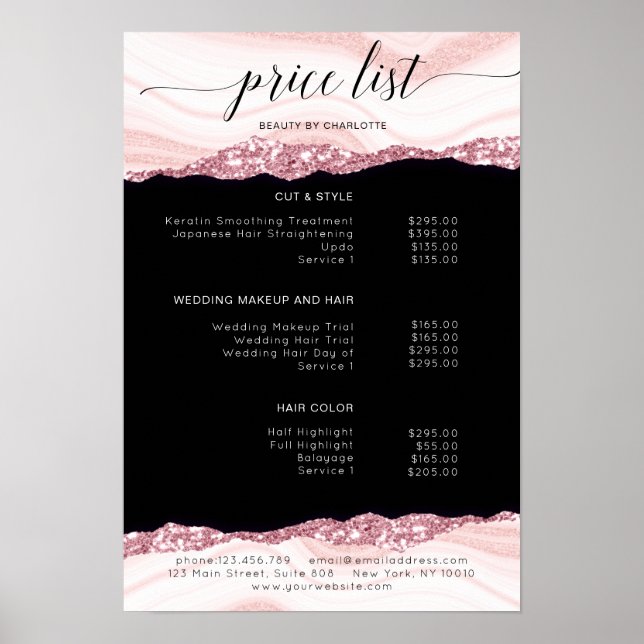 Modern, glitter, pink-black price list Poster (Front)