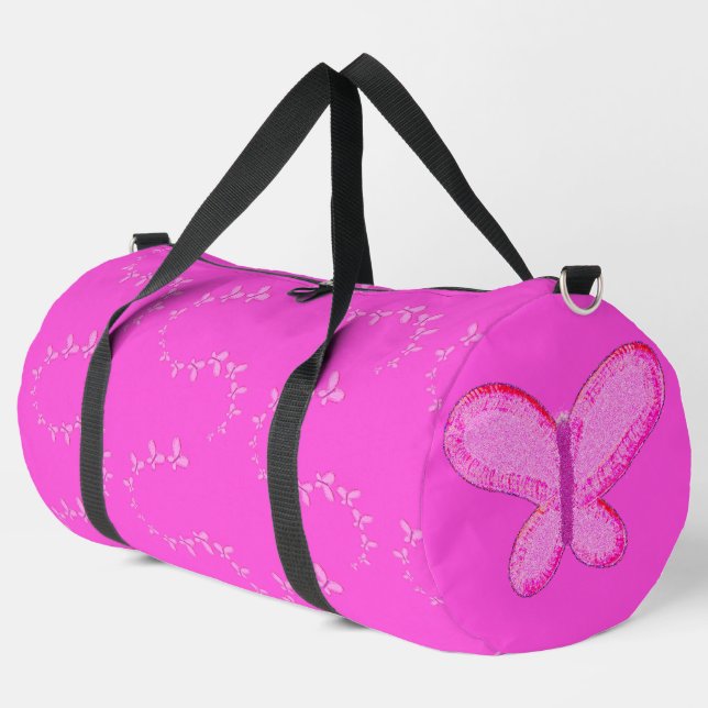 Modern glitter pink butterflies duffle bag (Left Corner)