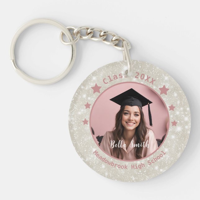 Modern Glitter Pink Photo Graduation  Key Ring (Front)