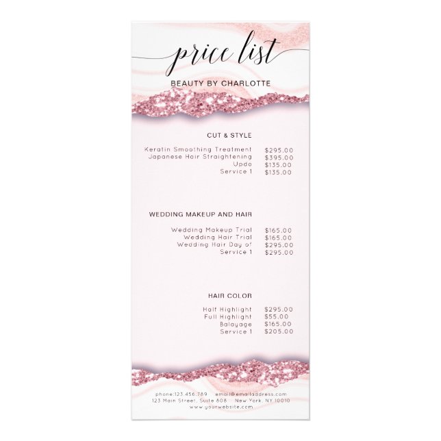 Modern, glitter, pink price list rack card (Front)
