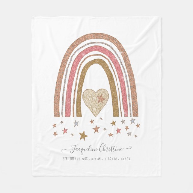 Modern Glitter Pink Rainbow Birth Stats Girl Baby Fleece Blanket (Front)