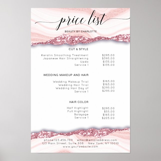 Modern, glitter, pink-white price list Poster (Front)