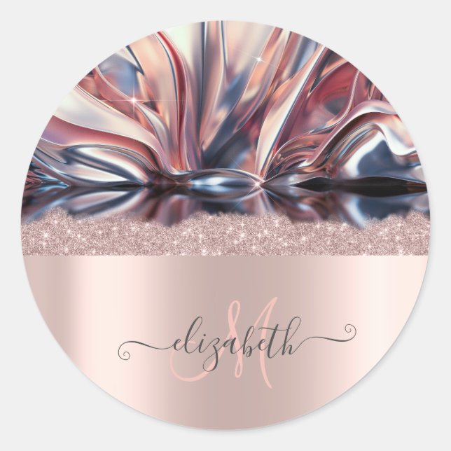 Modern Glitter Rose Gold Monogram Abstract Classic Round Sticker (Front)