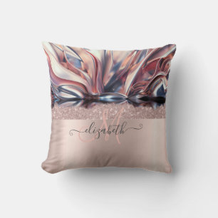 Modern Glitter Rose Gold Monogram Abstract Cushion