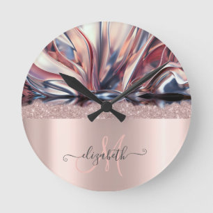 Modern Glitter Rose Gold Monogram Abstract   Round Clock