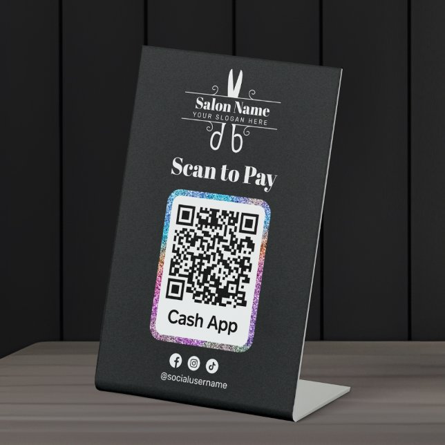 Modern Glitter Salon Scan to Pay Cashapp Qr Code Pedestal Sign (Creator Uploaded)
