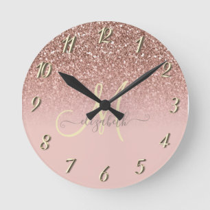 Modern Glitter Sequin Ombre Rose Gold Monogram  Round Clock