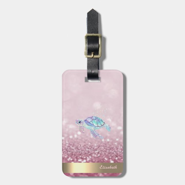 Modern Glitter Turtle Glitter Bokeh Luggage Tag (Front Vertical)