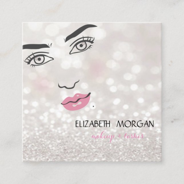 Modern Glittery Bokeh ,Girl Face,Makeup & Lashes Square Business Card (Front)