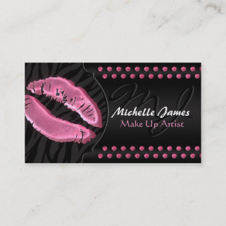 Modern Glossy Lips Zebra Monogram Make Up Artist Business Card