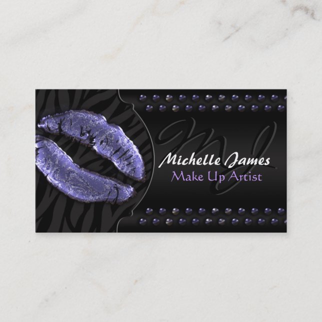 Modern Glossy Lips Zebra Monogram Make Up Artist Business Card (Front)