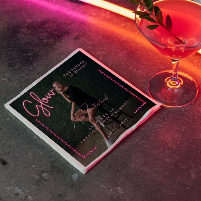 Modern Glow Script Pink Neon Wavy Graduate Photo Napkin (Modern Glow Script Pink Neon Wavy Graduate Photo Napkins)