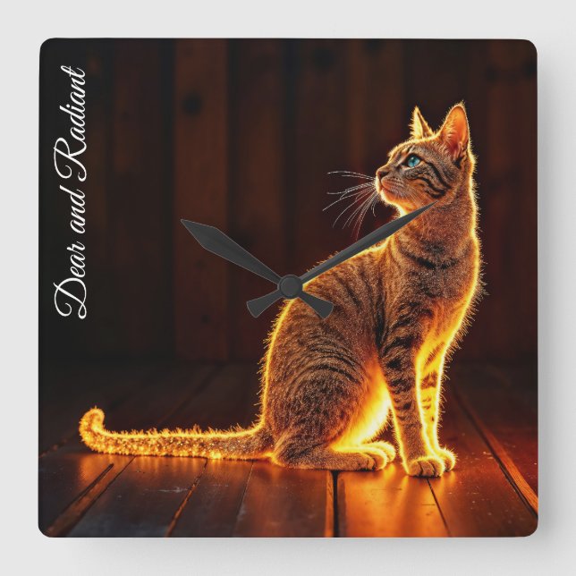 Modern glow tabby cat blue eyes fantasy art square wall clock (Front)