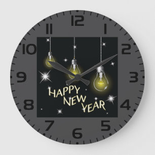 Modern Glowing Light Bulbs Happy New Year Large Clock