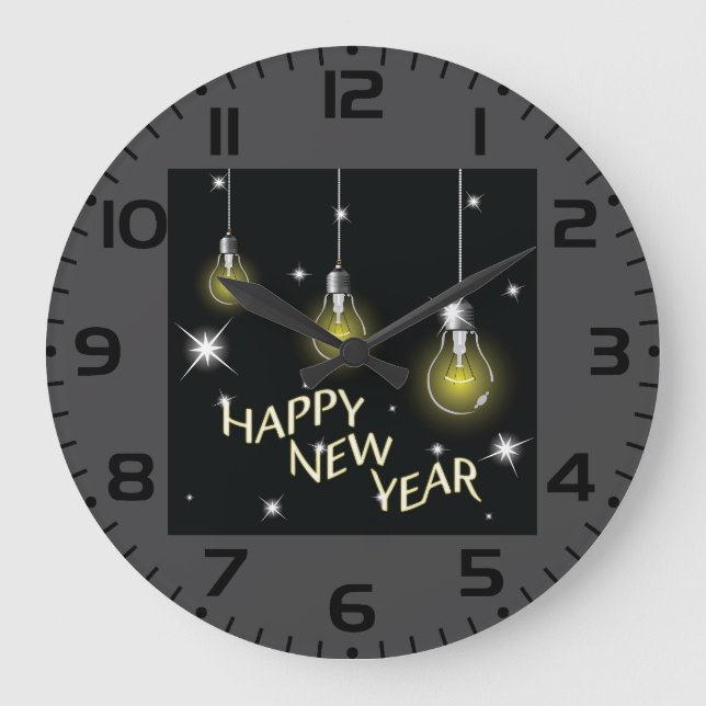 Modern Glowing Light Bulbs Happy New Year Large Clock (Front)