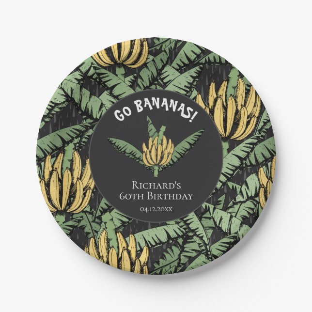 Modern Go Bananas Black Yellow Banana and Leaves Paper Plate (Front)