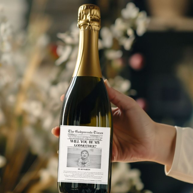 Modern Godparent Proposal Newspaper Baptism  Wine Label (Creator Uploaded)
