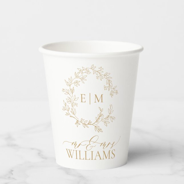 Modern Gol Leafy Crest Monogram Wedding Paper Cups (Front)