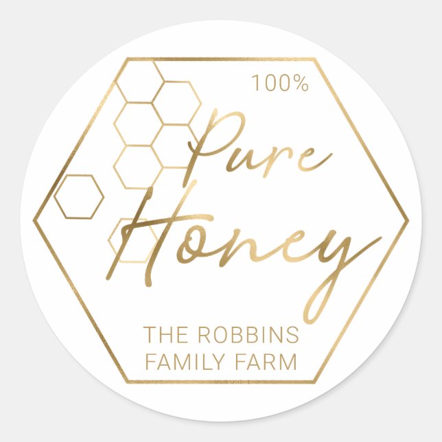 Modern Gold 100% Pure Honey Jar Labels Apiary Name (Front)