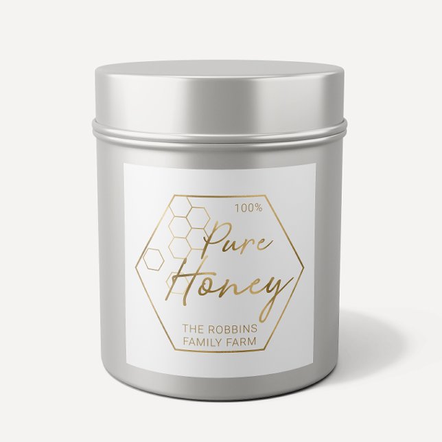 Modern Gold 100% Pure Honey Jar Labels Apiary Name (Creator Uploaded)